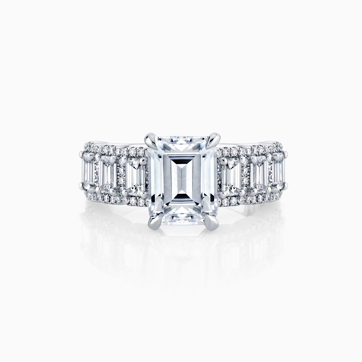 14K White Gold Emerald Cut Diamond Engagement Ring With Baguette & Halo Shank