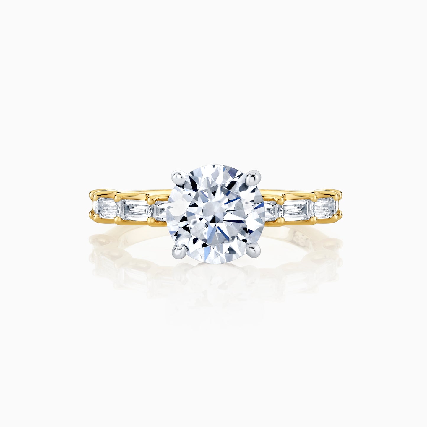 14K Yellow Gold Round Diamond Engagement Ring With U Prong Baguette Set Diamonds