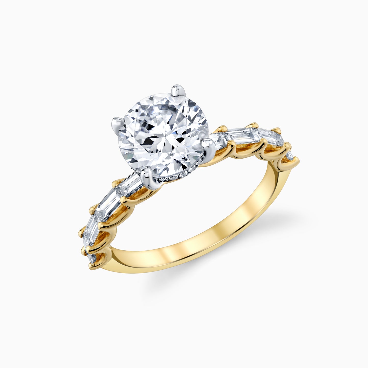 14K Yellow Gold Round Diamond Engagement Ring With U Prong Baguette Set Diamonds