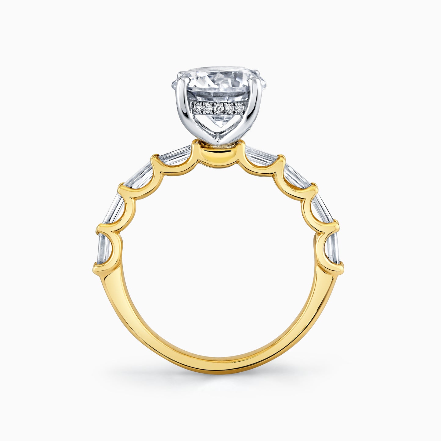 14K Yellow Gold Round Diamond Engagement Ring With U Prong Baguette Set Diamonds