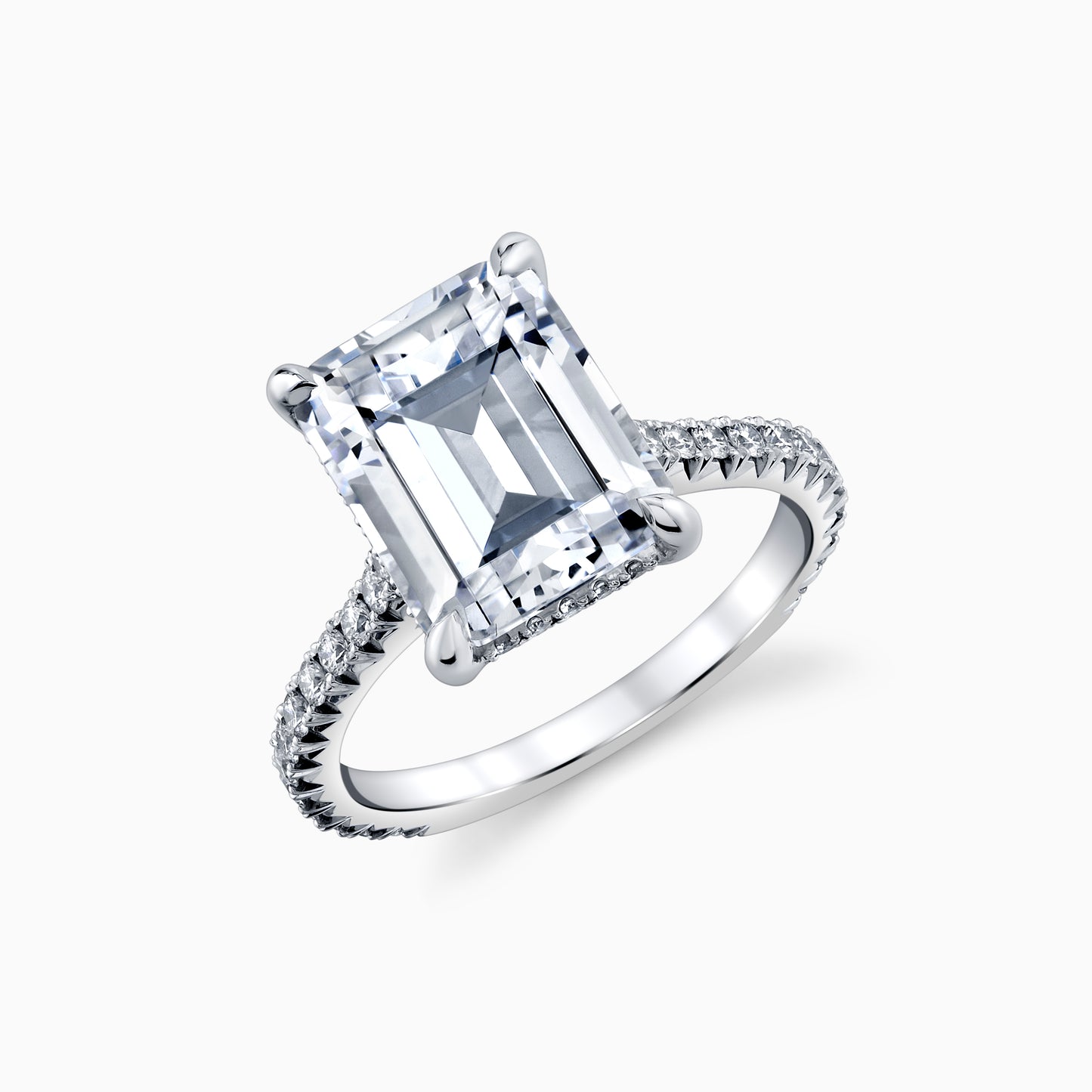 14K White Gold Emerald Cut Diamond Engagement Ring With French Pave