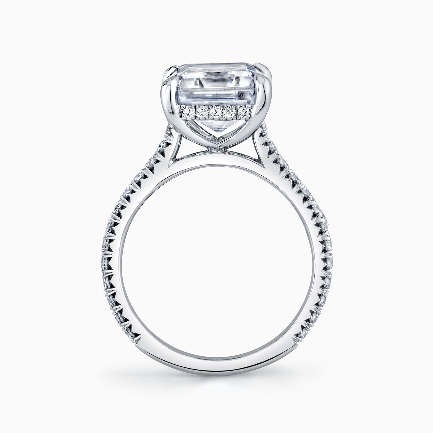 14K White Gold Emerald Cut Diamond Engagement Ring With French Pave