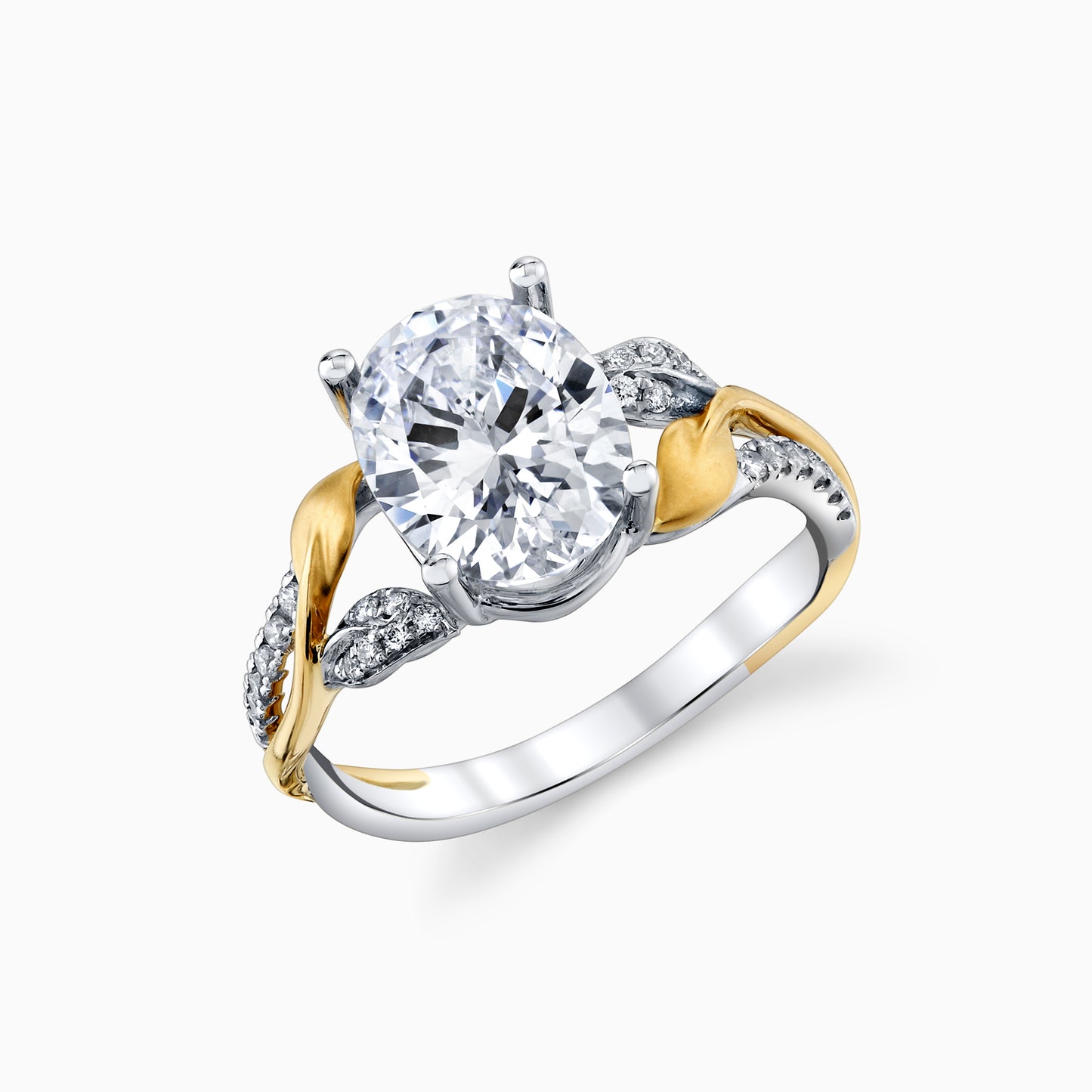 14K White & Yellow Gold Oval Diamond Nature Inspired Engagement Ring With Pave Accents