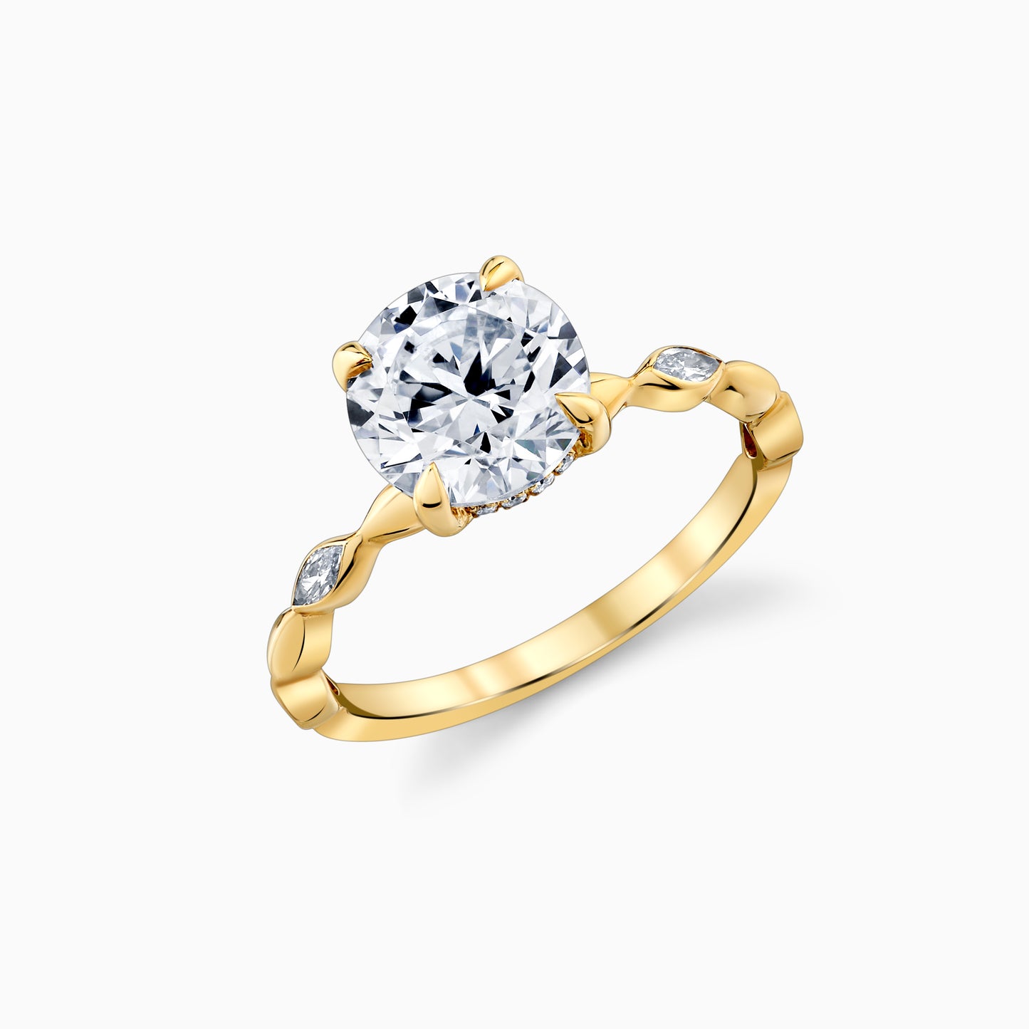Round Diamond Engagement Ring With Hidden Halo & Marquise Diamond Accents