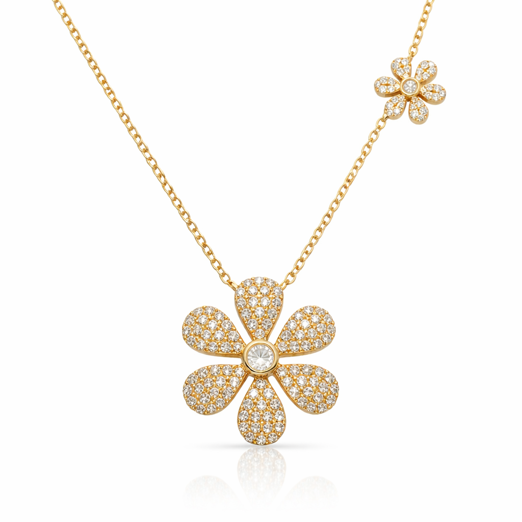 Yellow Gold Pave Diamond Flower Necklace