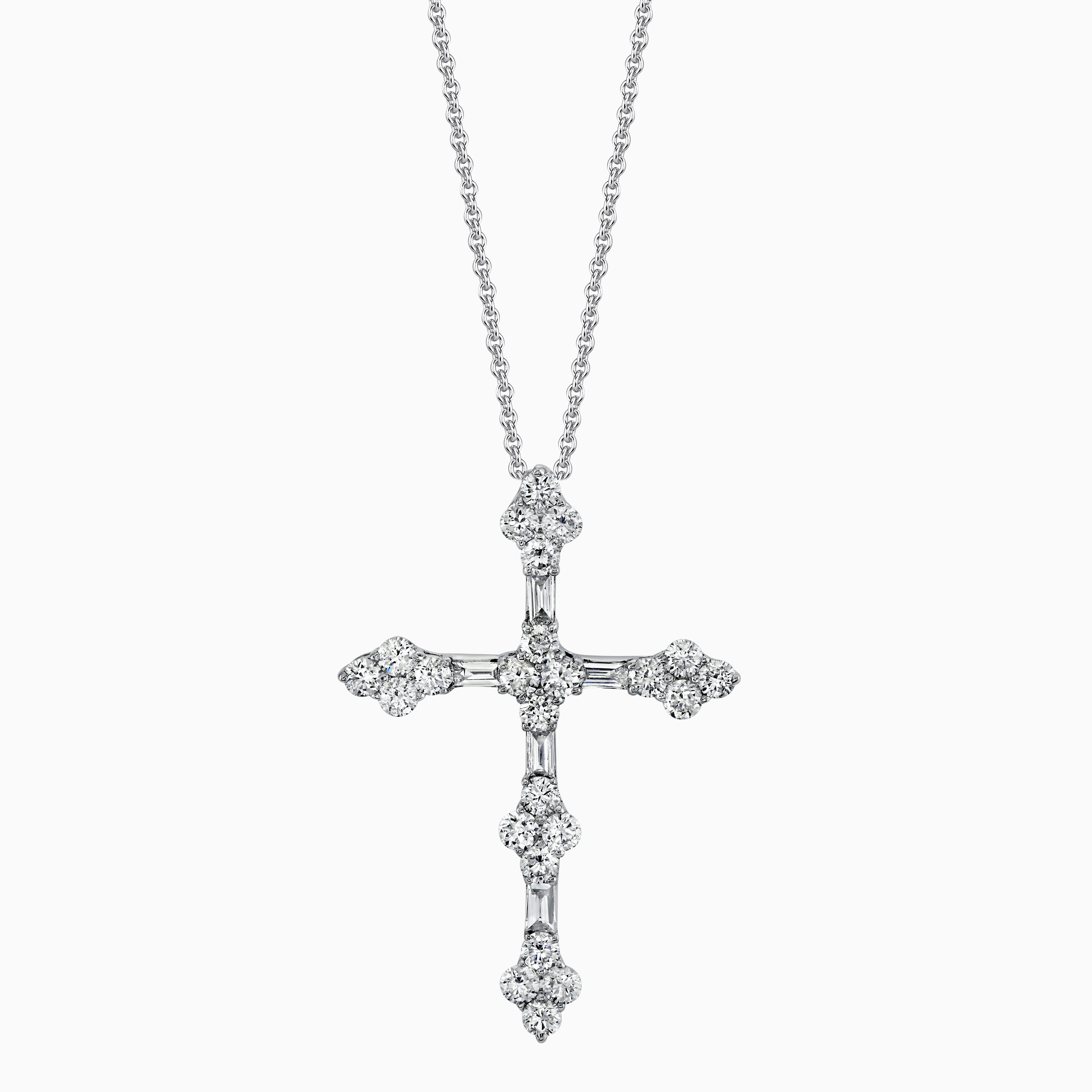 Round & Baguette Diamond Cross Necklace
