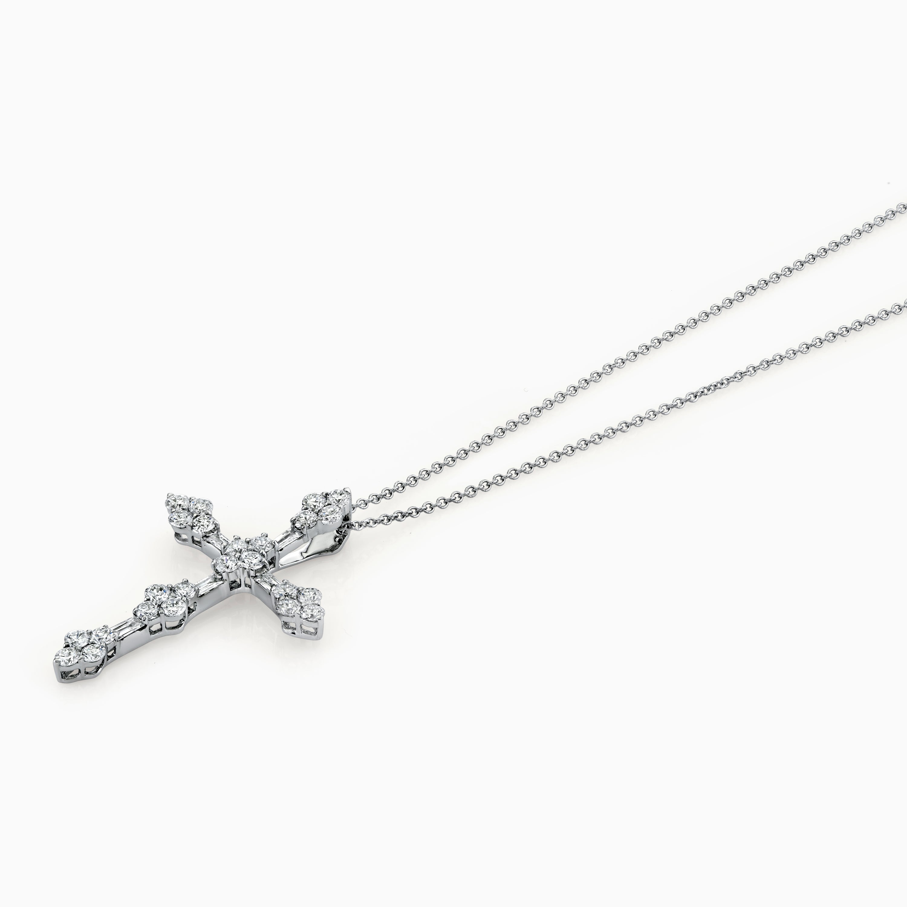 Round & Baguette Diamond Cross Necklace