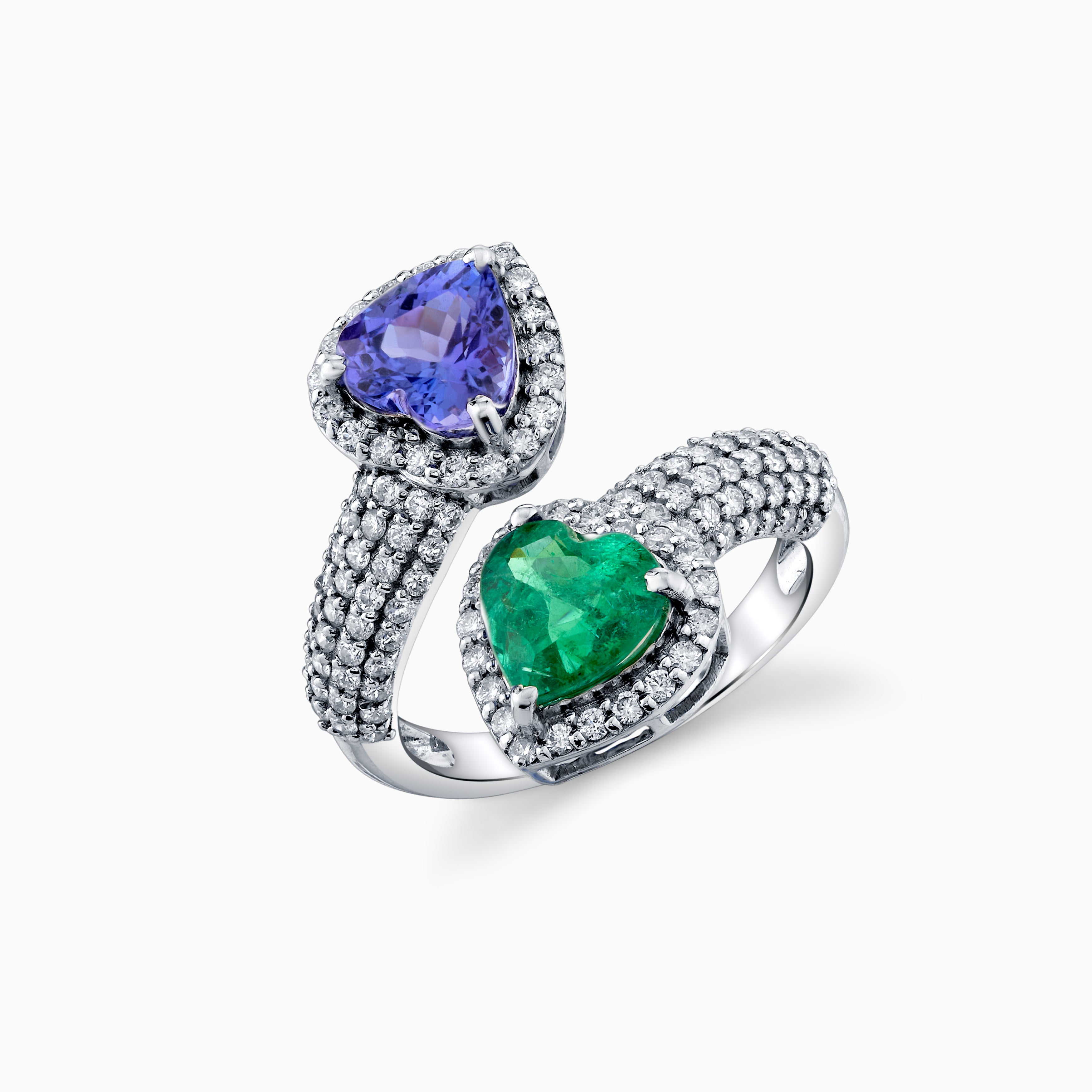 Heart Shape Sapphire & Emerald Bypass Diamond Ring