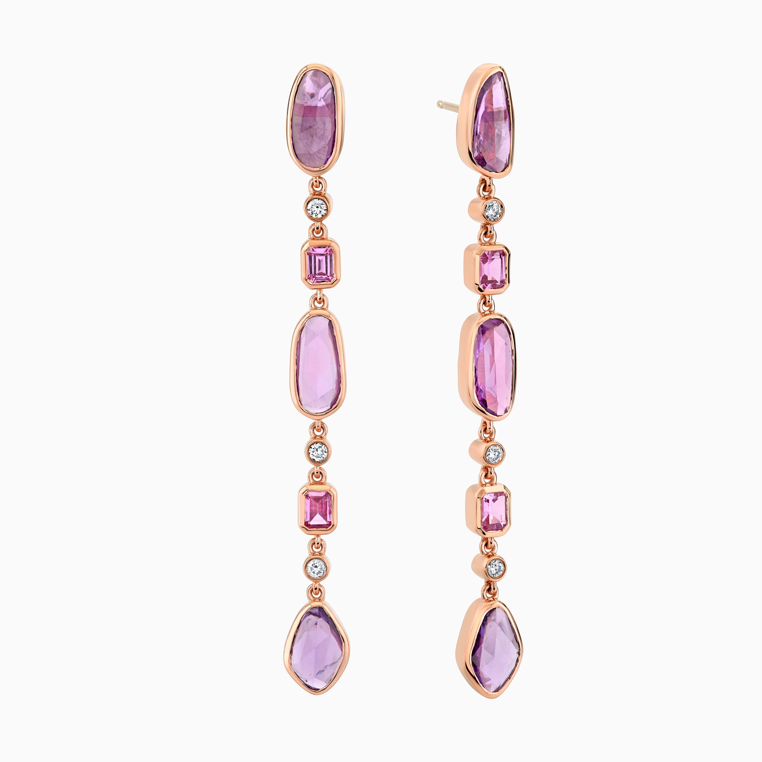 Rose Gold Dangle Earrings With Pink & Purple Sapphires