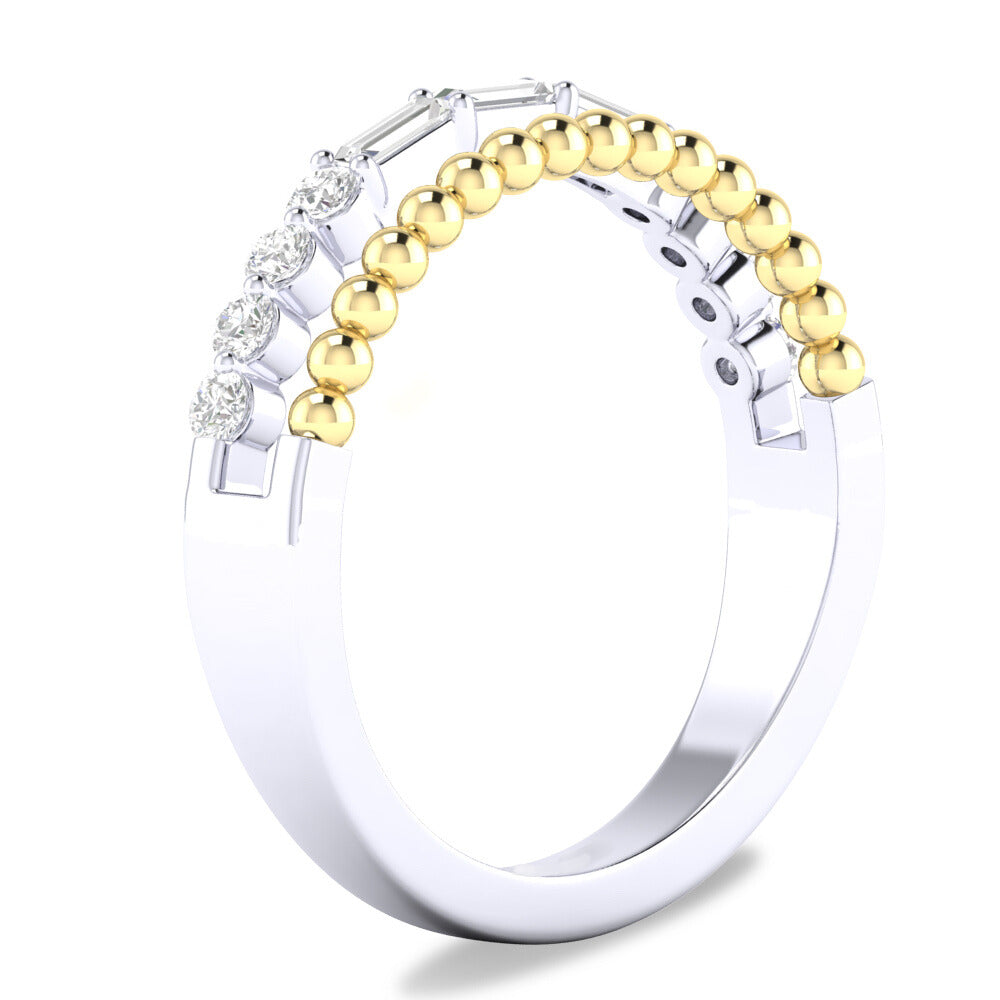 Beaded Two Tone Fashion Ring With Baguette And Round Diamond Accents