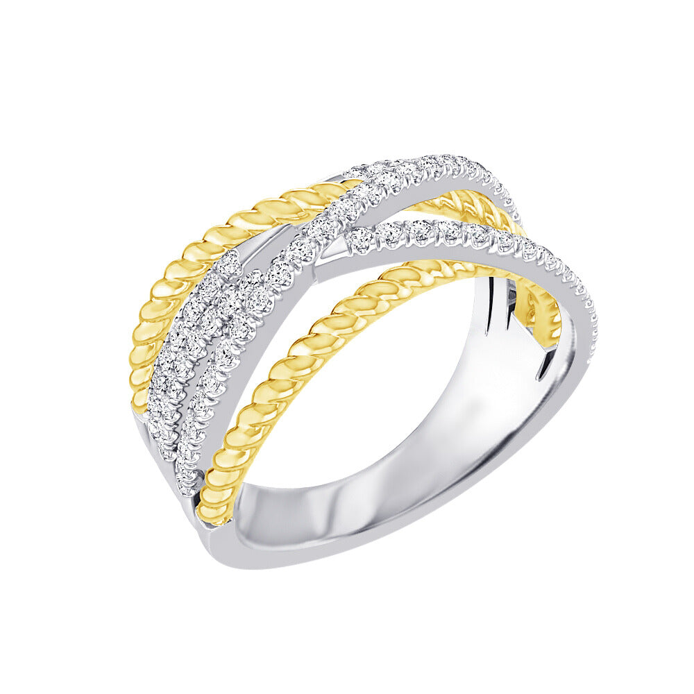 Two Tone Pave Diamond And Braided Gold Crossover Ring