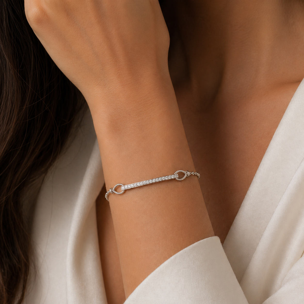 White Gold Diamond Bar Bracelet With Rope Design
