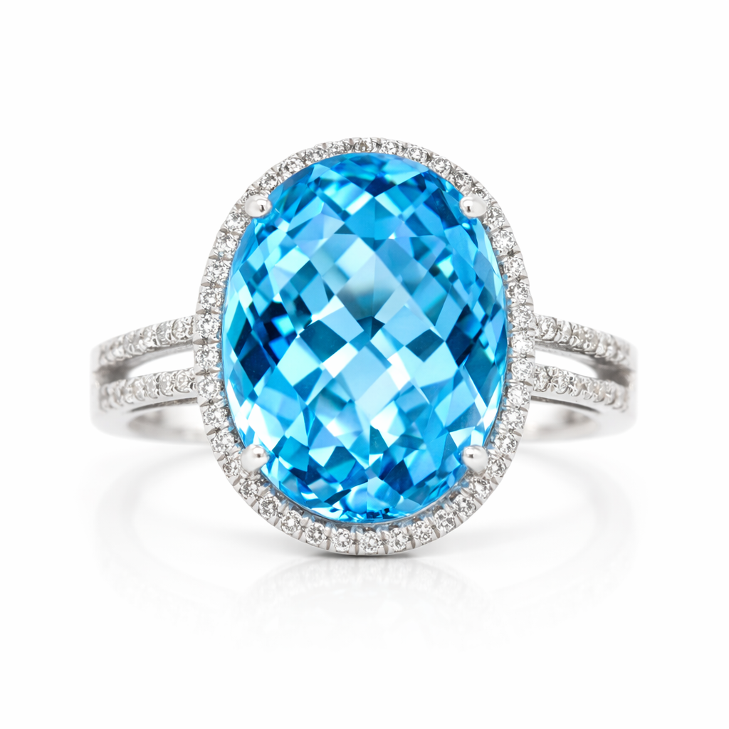 White Gold Blue Topaz Diamond Halo Ring