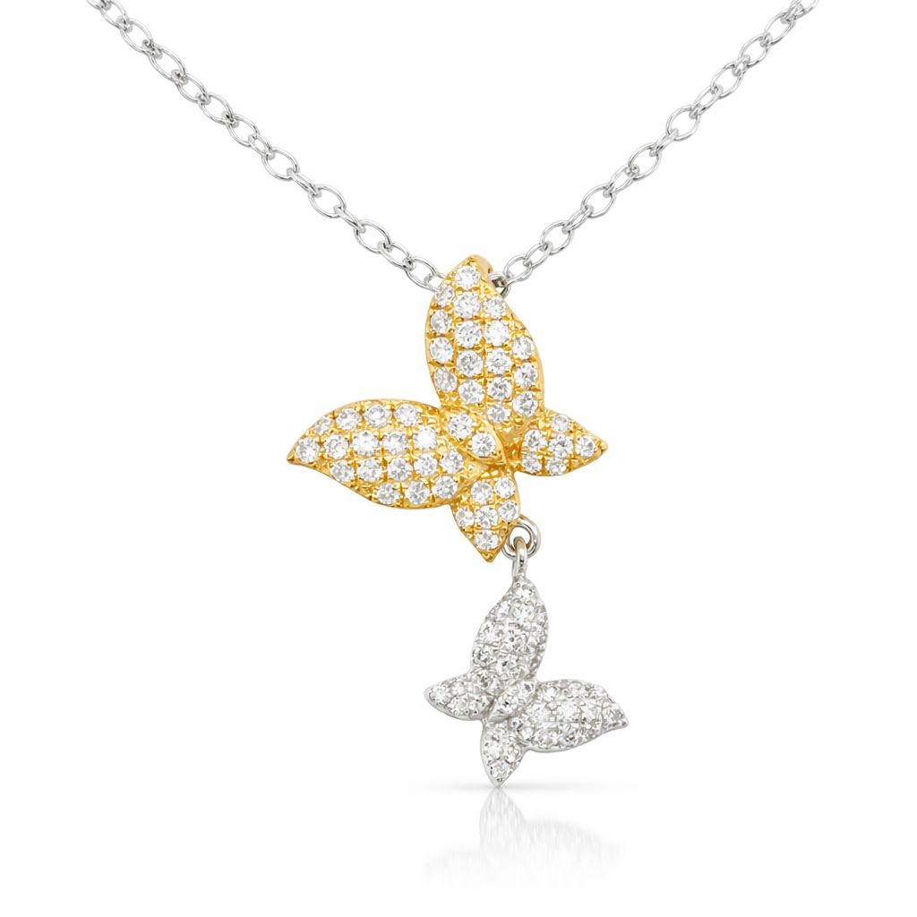 Two Tone Pave Diamond Butterfly Necklace