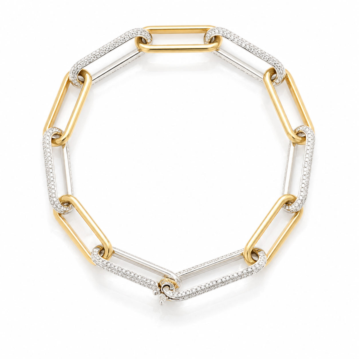 White and Yellow Gold Paperclip Bracelet with Pave Diamond Links