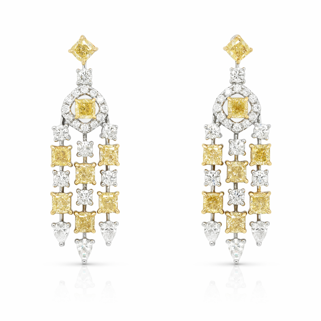 Yellow and White Gold Fancy Yellow and White Diamond Dangle Earrings