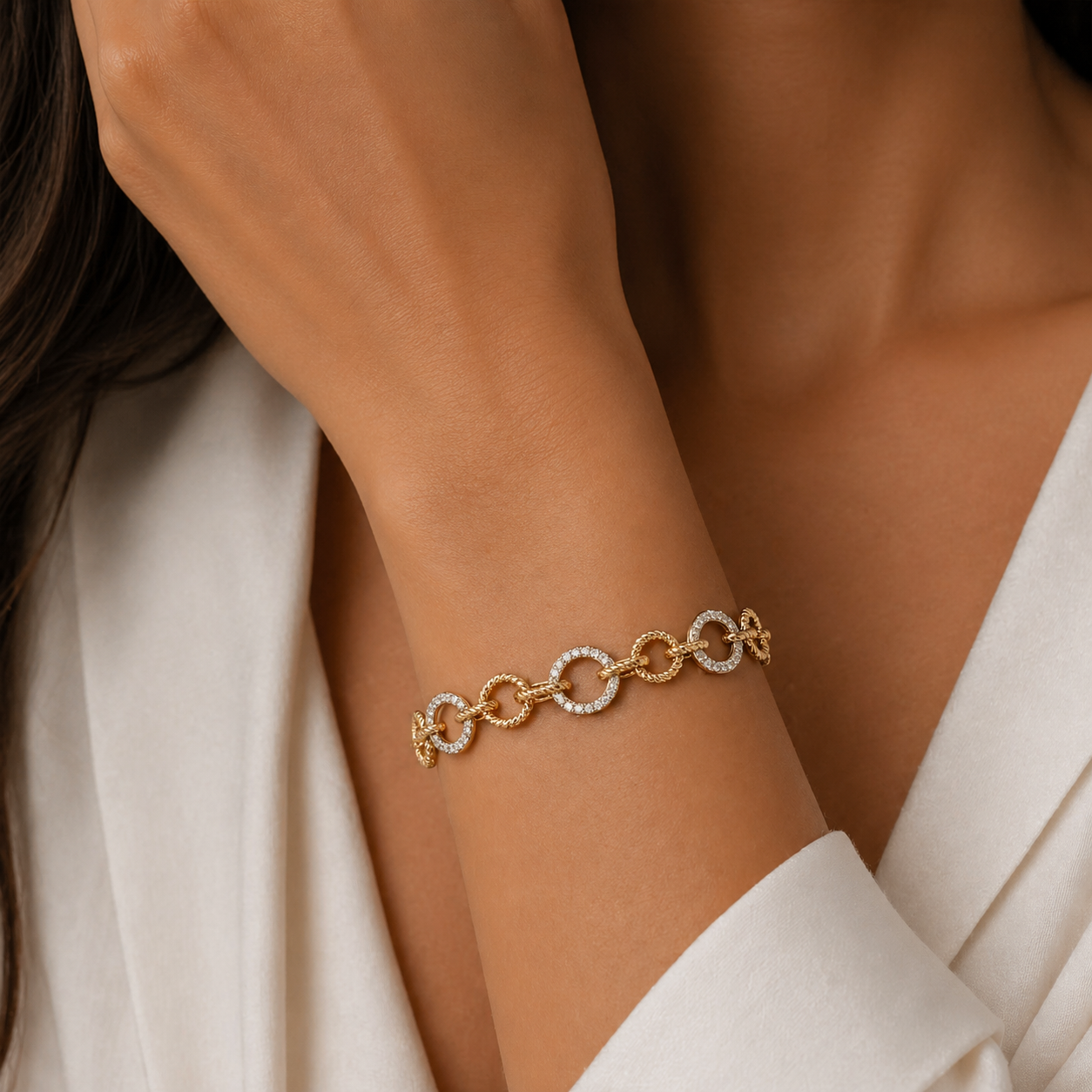 Yellow Gold Fancy Circle Bracelet With Pave Links