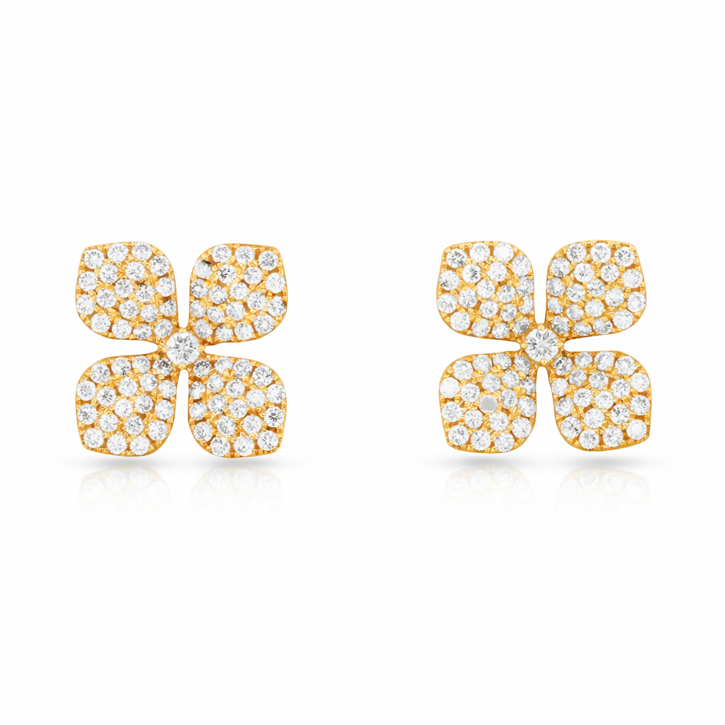 Yellow Gold Pave Diamond Flower Studs