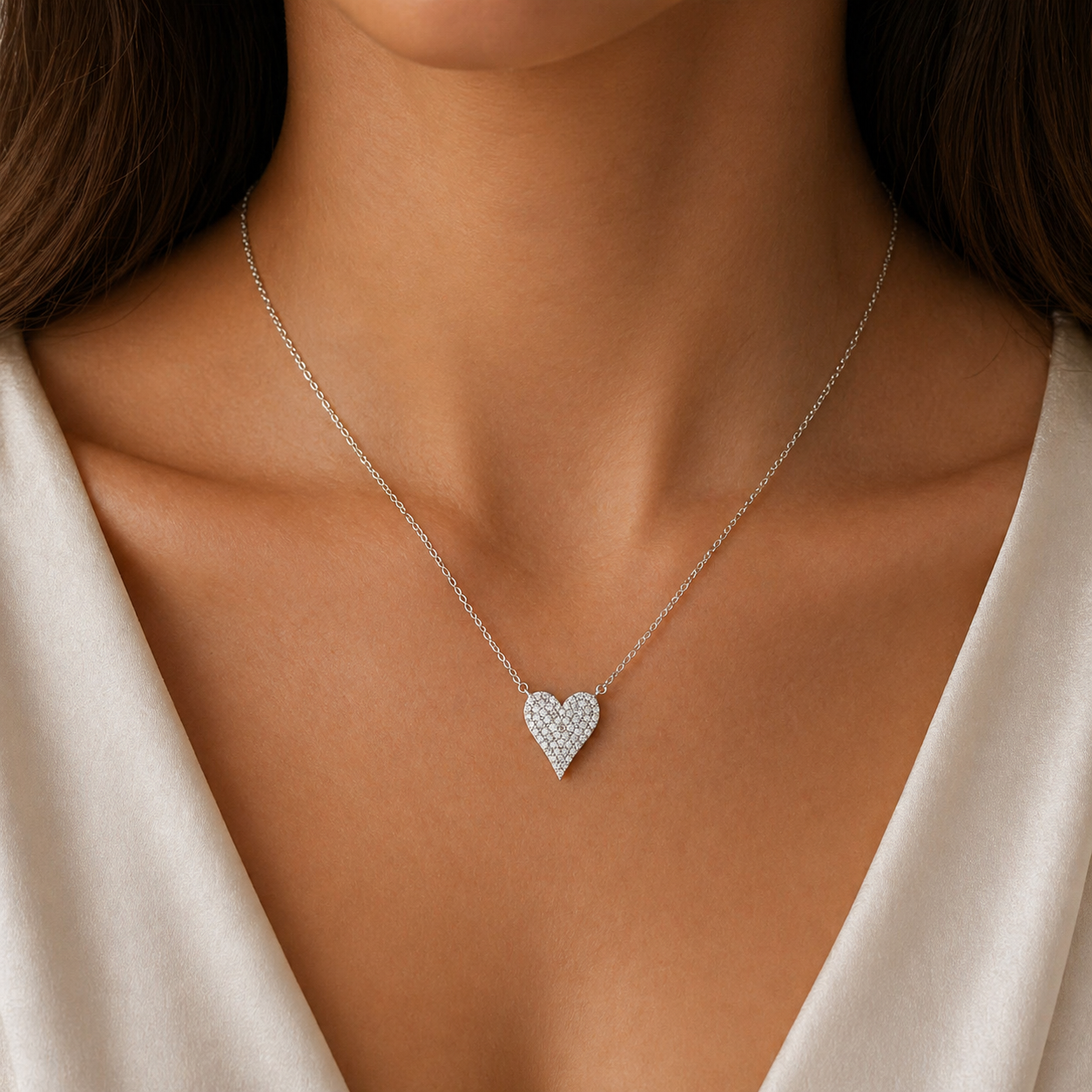 White Gold Pave Diamond Heart Necklace