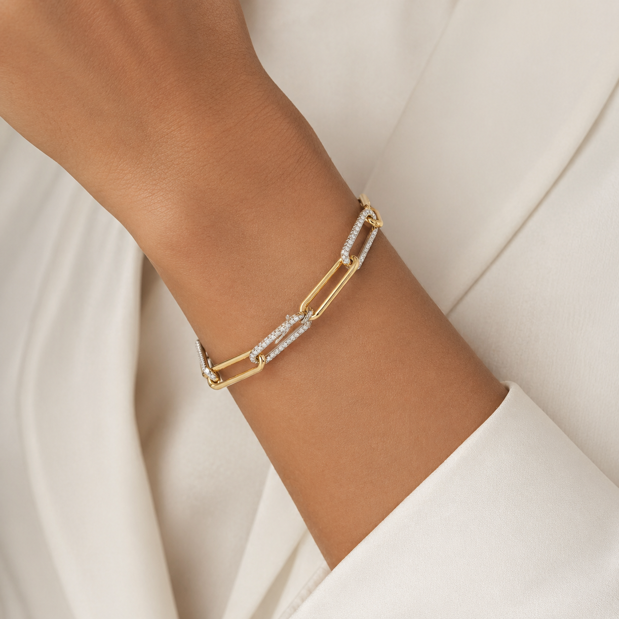 White and Yellow Gold Paperclip Bracelet with Pave Diamond Links