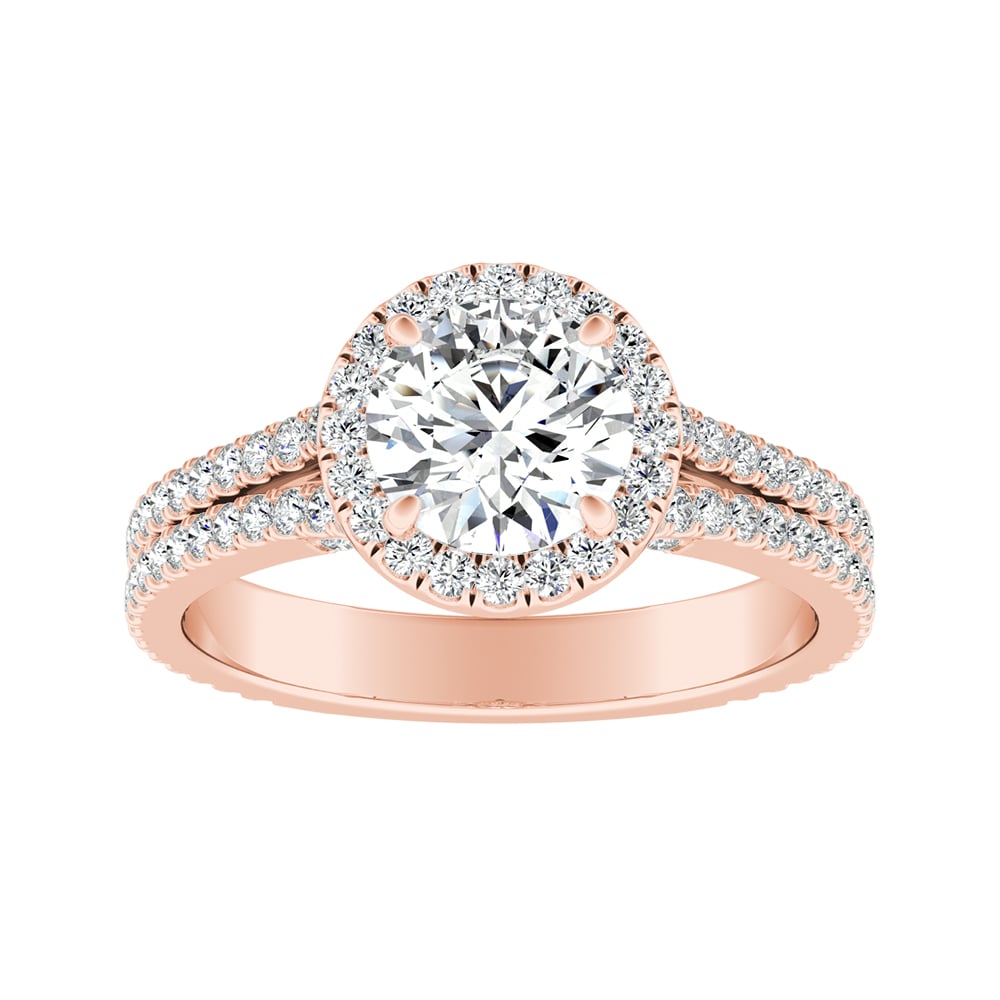 Round Diamond Halo Engagement Ring With Two Row Pave Accents