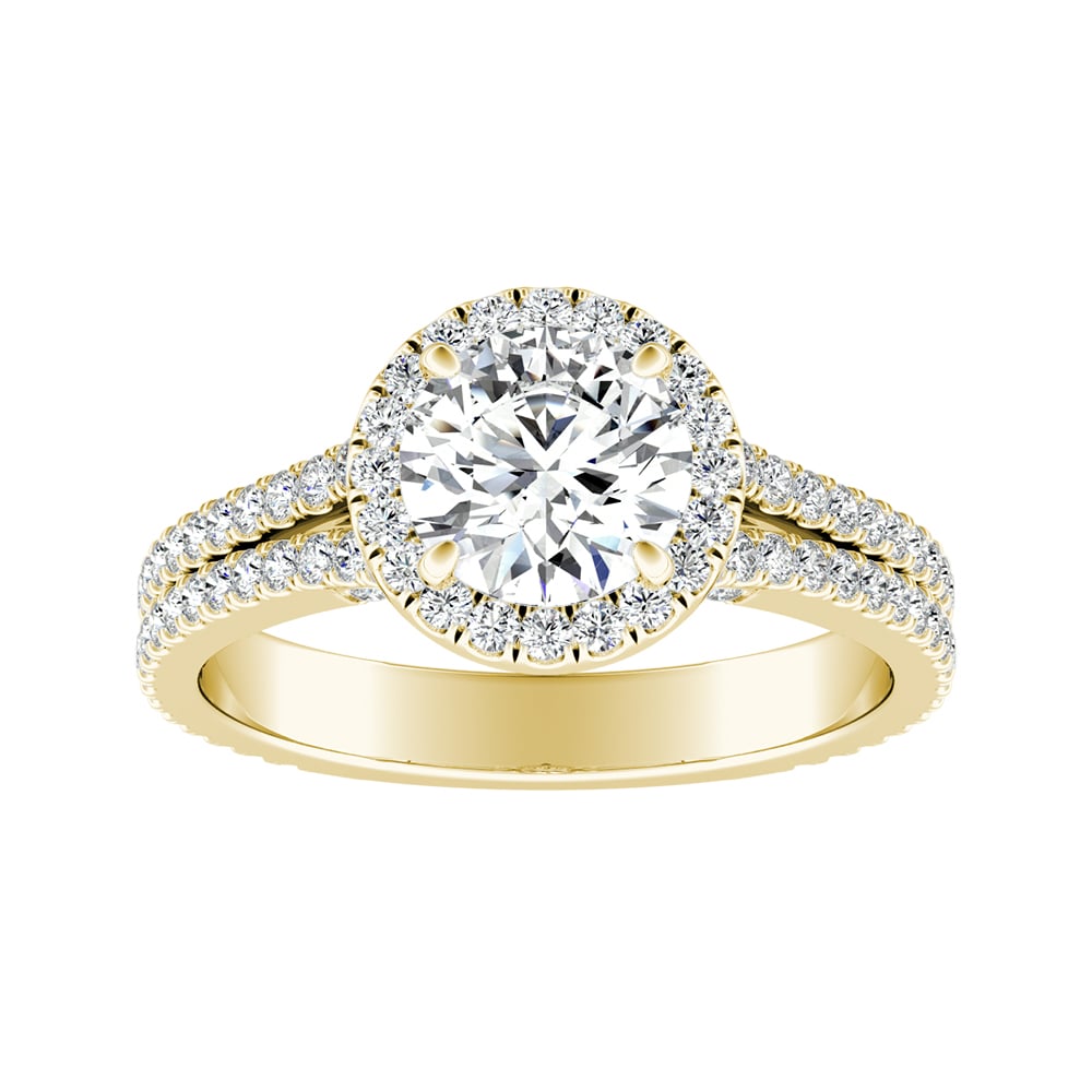 Round Diamond Halo Engagement Ring With Two Row Pave Accents