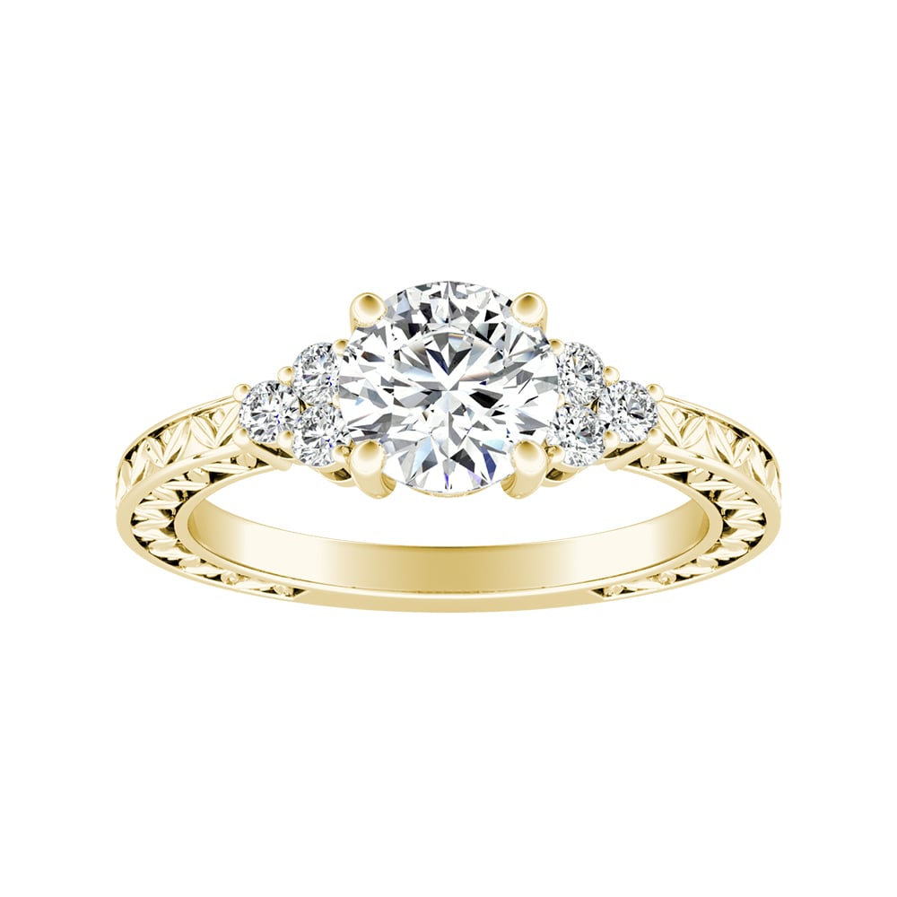 Round Diamond Engraved Engagement Ring With Diamond Cluster Side Stones