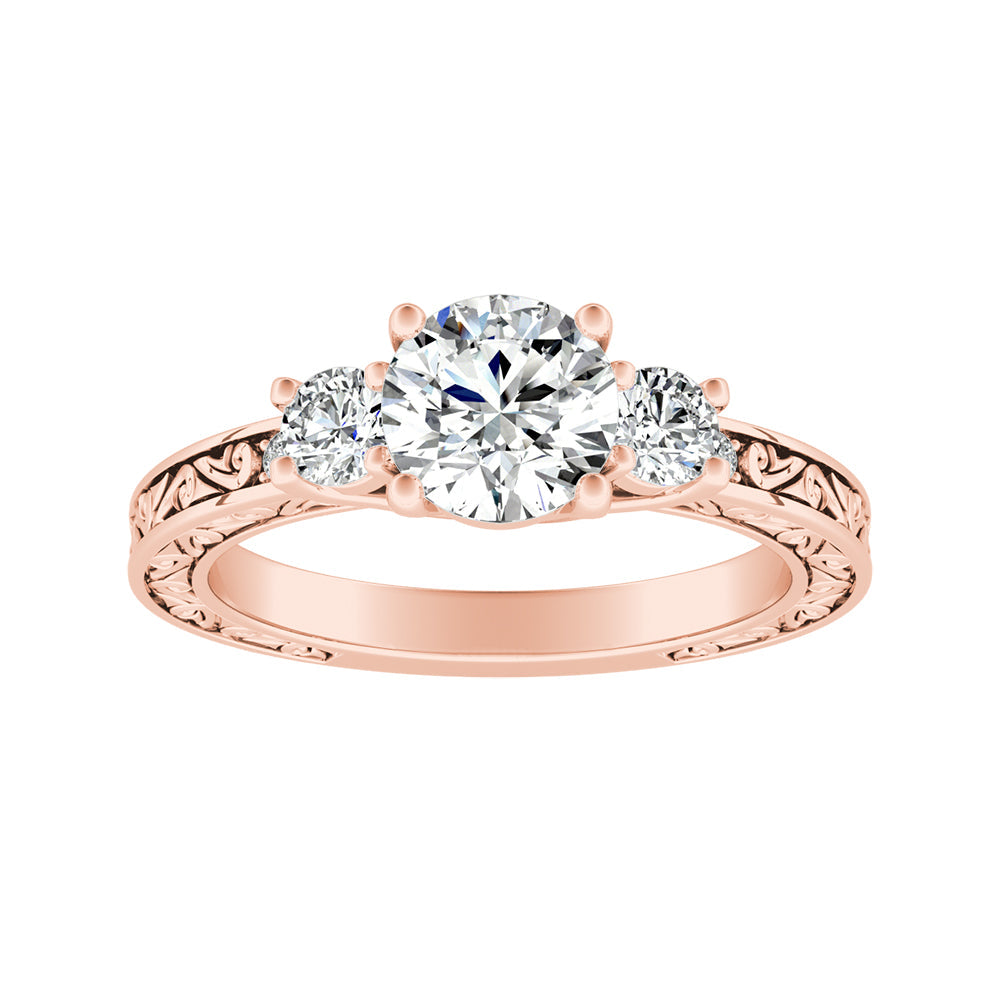 Round Diamond Three Stone Engagement Ring With Engraving Detail