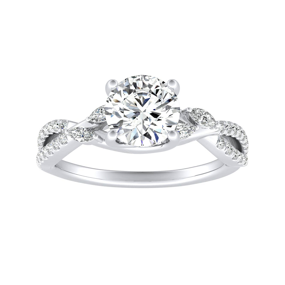 Round Diamond Vine Inspired Engagement Ring With Marquise and Pave Accent Diamonds