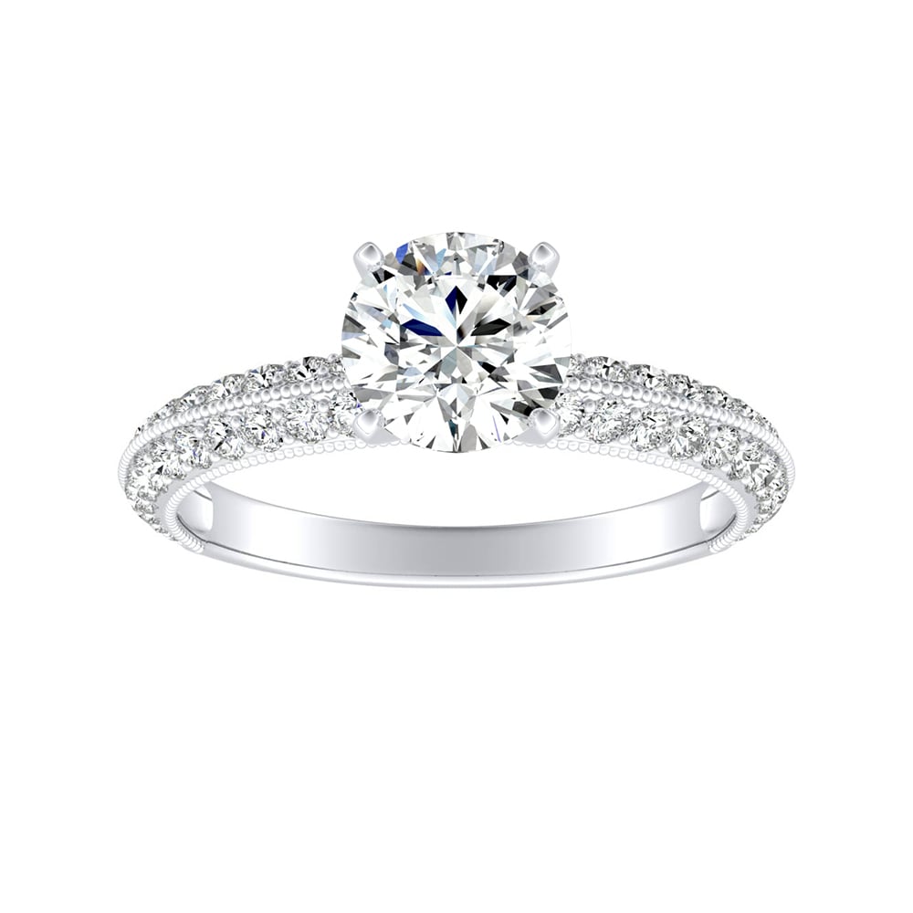 Round Diamond Two Row Pave Engagement Ring With Milgrain Detailing