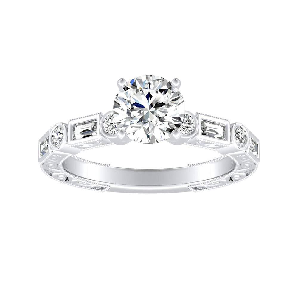 Round Diamond Engagement Ring With Bezel Set Baguette and Round Diamond Accents