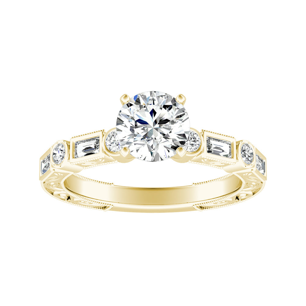 Round Diamond Engagement Ring With Bezel Set Baguette and Round Diamond Accents