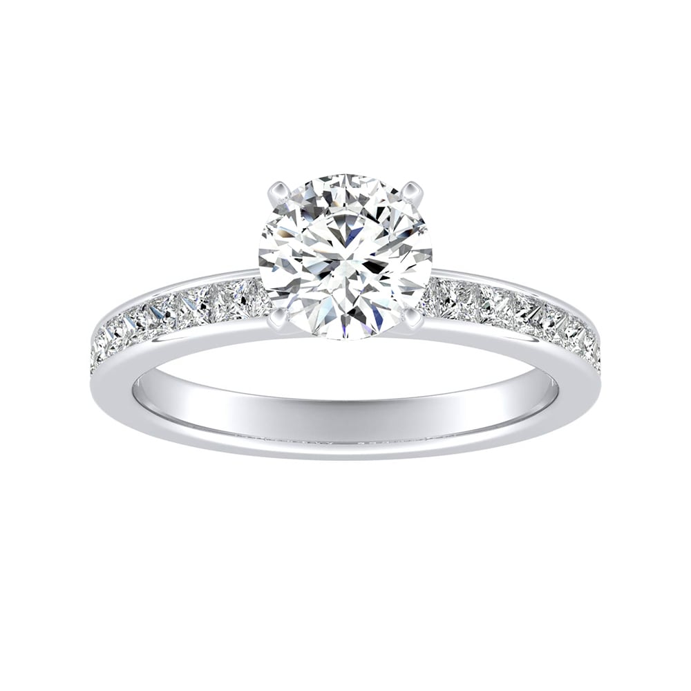 Round Diamond Engagement Ring With Channel Set Princess Cut Diamonds