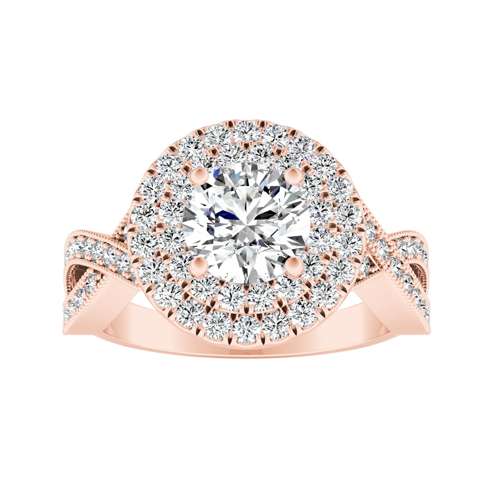 Round Diamond Double Halo Engagement Ring With Braided Pave Shank and Milgrain