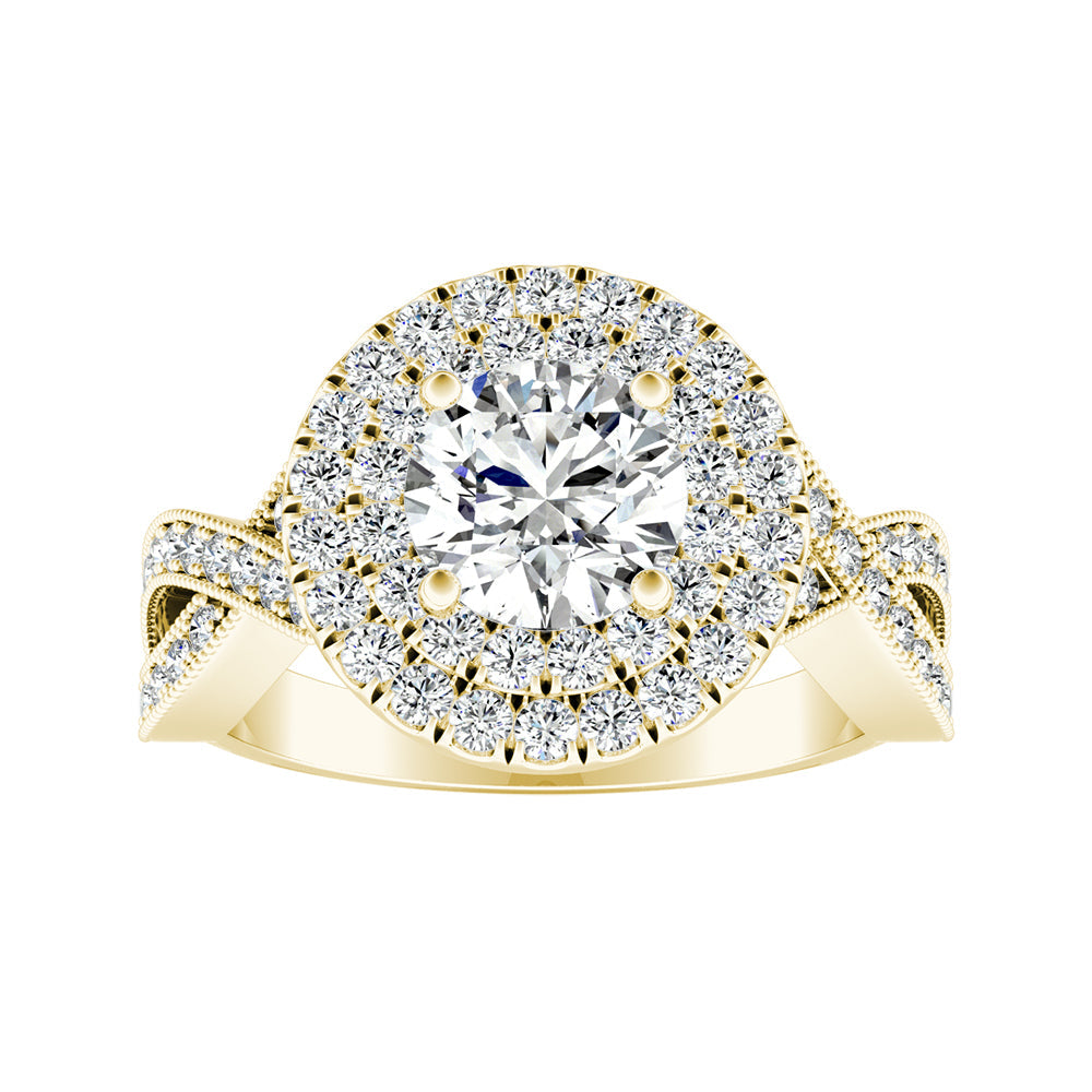 Round Diamond Double Halo Engagement Ring With Braided Pave Shank and Milgrain