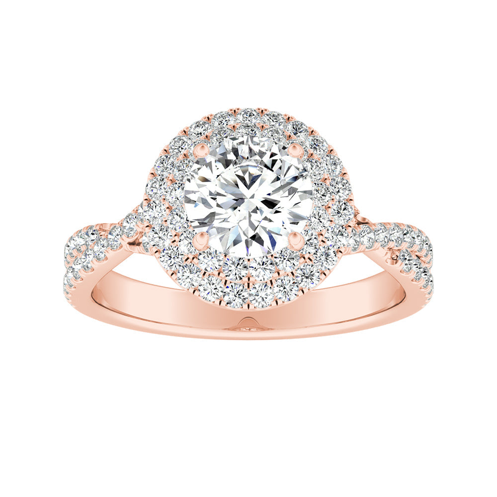 Round Diamond Double Halo Twisted Pave Engagement Ring