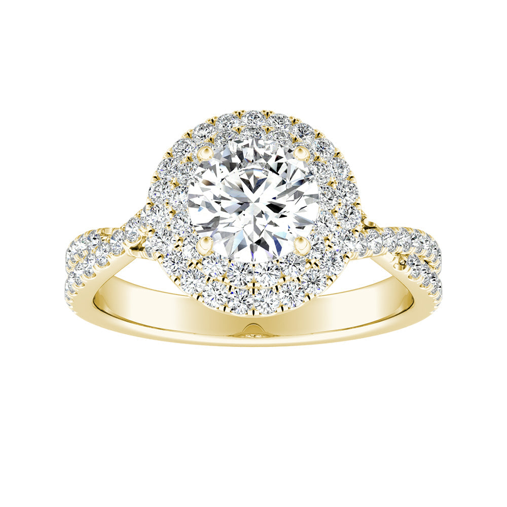 Round Diamond Double Halo Twisted Pave Engagement Ring