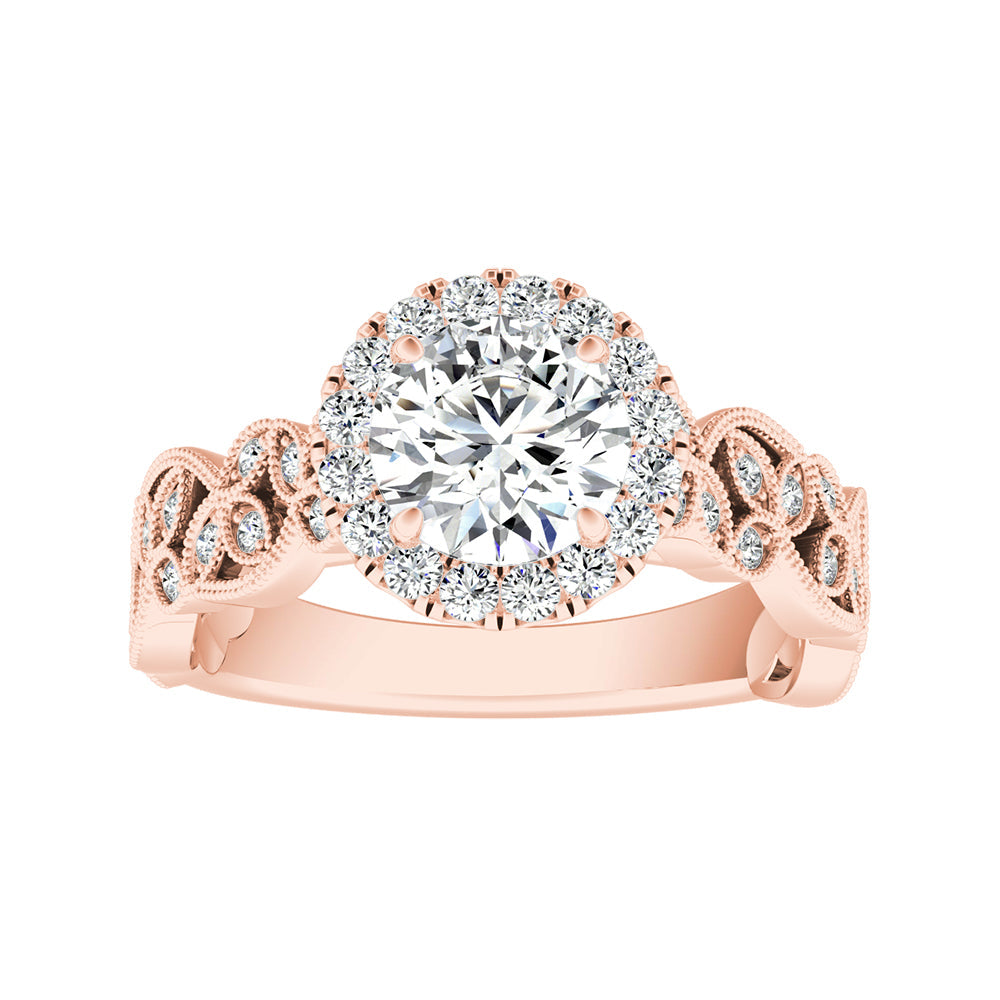 Round Diamond Halo Nature Inspired Engagement Ring With Bezel Set Diamond Accents