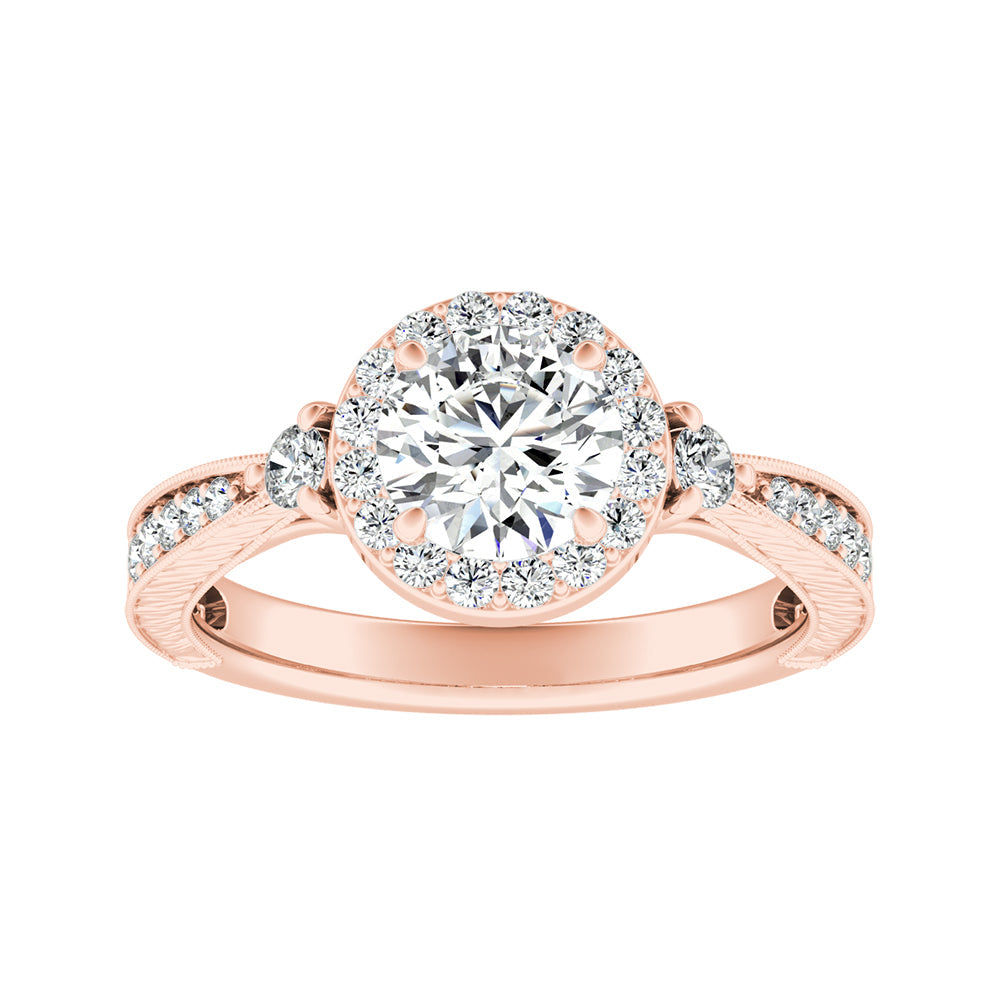 Round Diamond Halo Engagement Ring With Tapered Bead Set Diamonds and Milgrain
