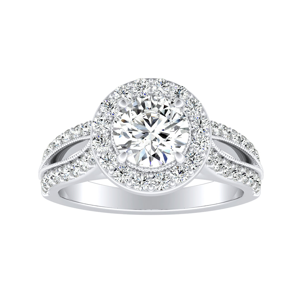 Round Diamond Halo Split Shank Engagement Ring With Pave And Milgrain Accents
