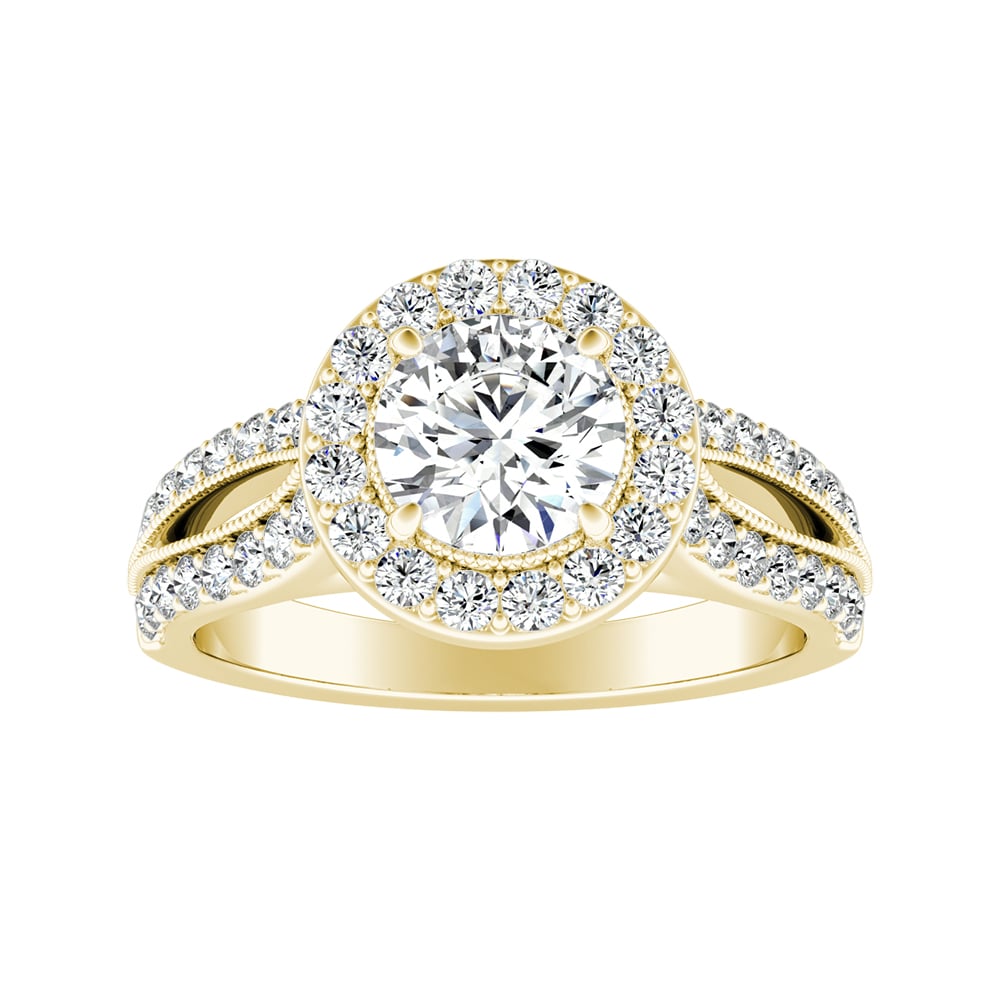 Round Diamond Halo Split Shank Engagement Ring With Pave And Milgrain Accents