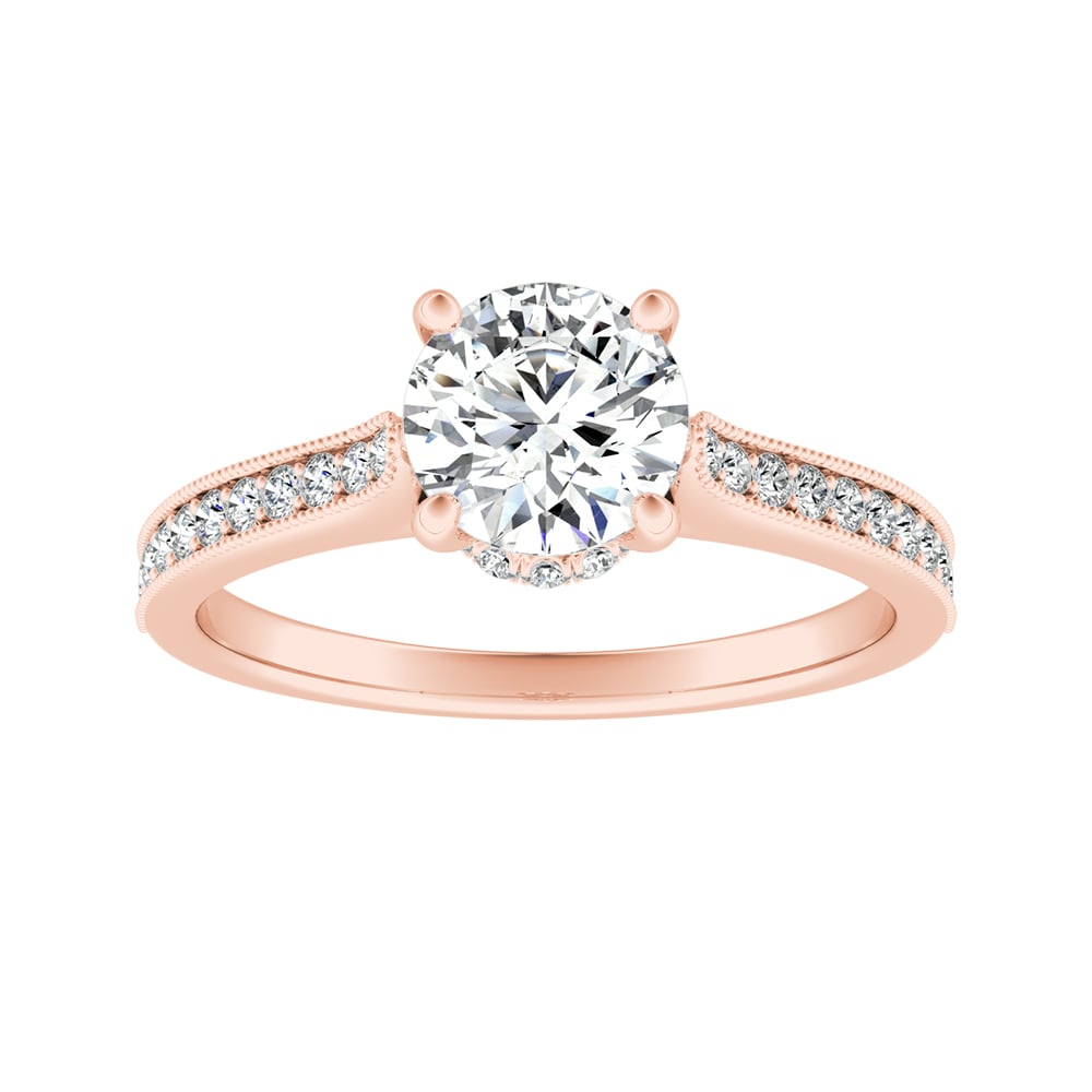 Round Diamond Hidden Halo Engagement Ring With Bead-Set Pave Accents