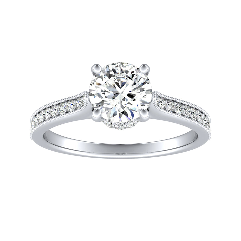 Round Diamond Hidden Halo Engagement Ring With Bead-Set Pave Accents