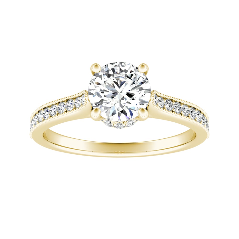 Round Diamond Hidden Halo Engagement Ring With Bead-Set Pave Accents