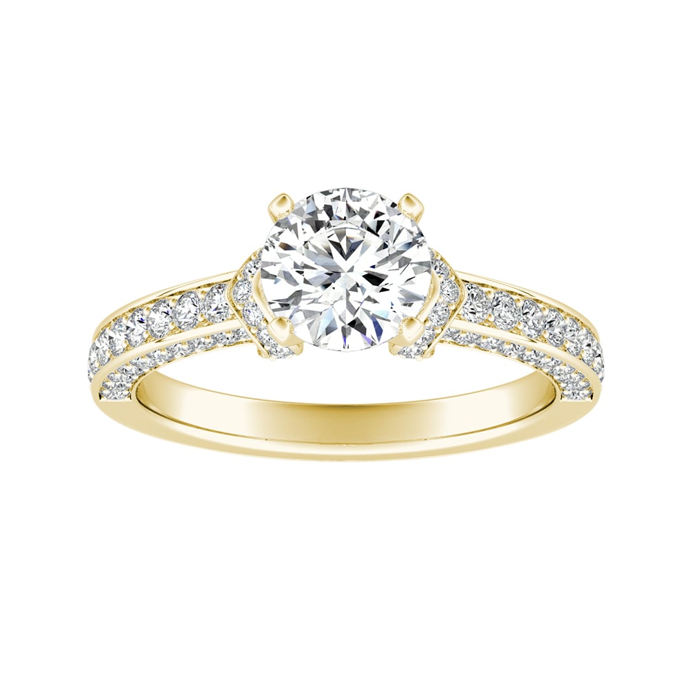 Round Diamond Collar Accented Engagement Ring With Three-Sided Bead-Set Pavé Diamonds
