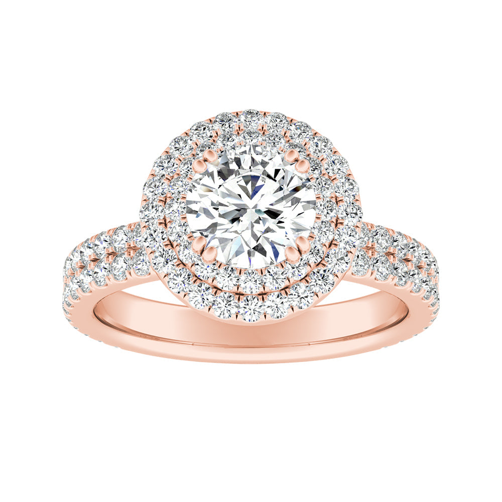 Round Diamond Double Halo Engagement Ring With Two Rows Of Pave Diamonds