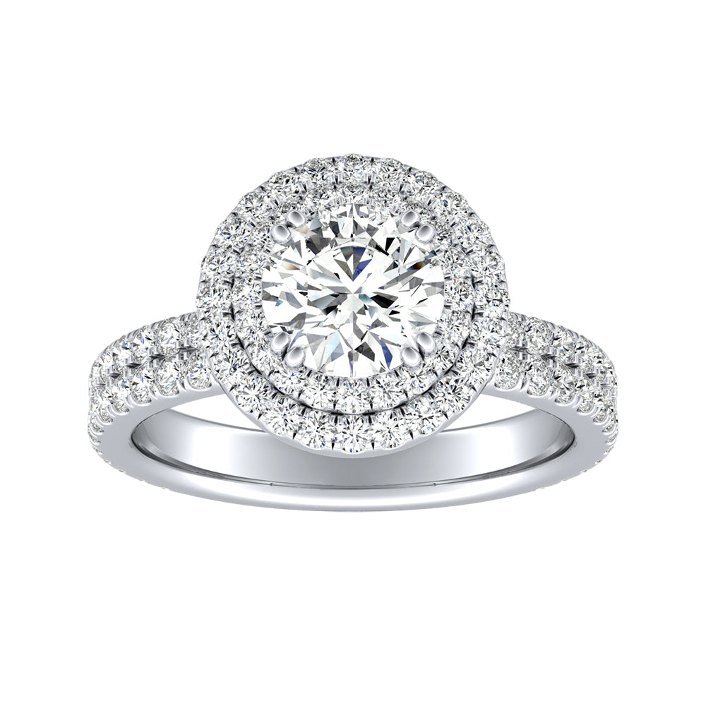 Round Diamond Double Halo Engagement Ring With Two Rows Of Pave Diamonds