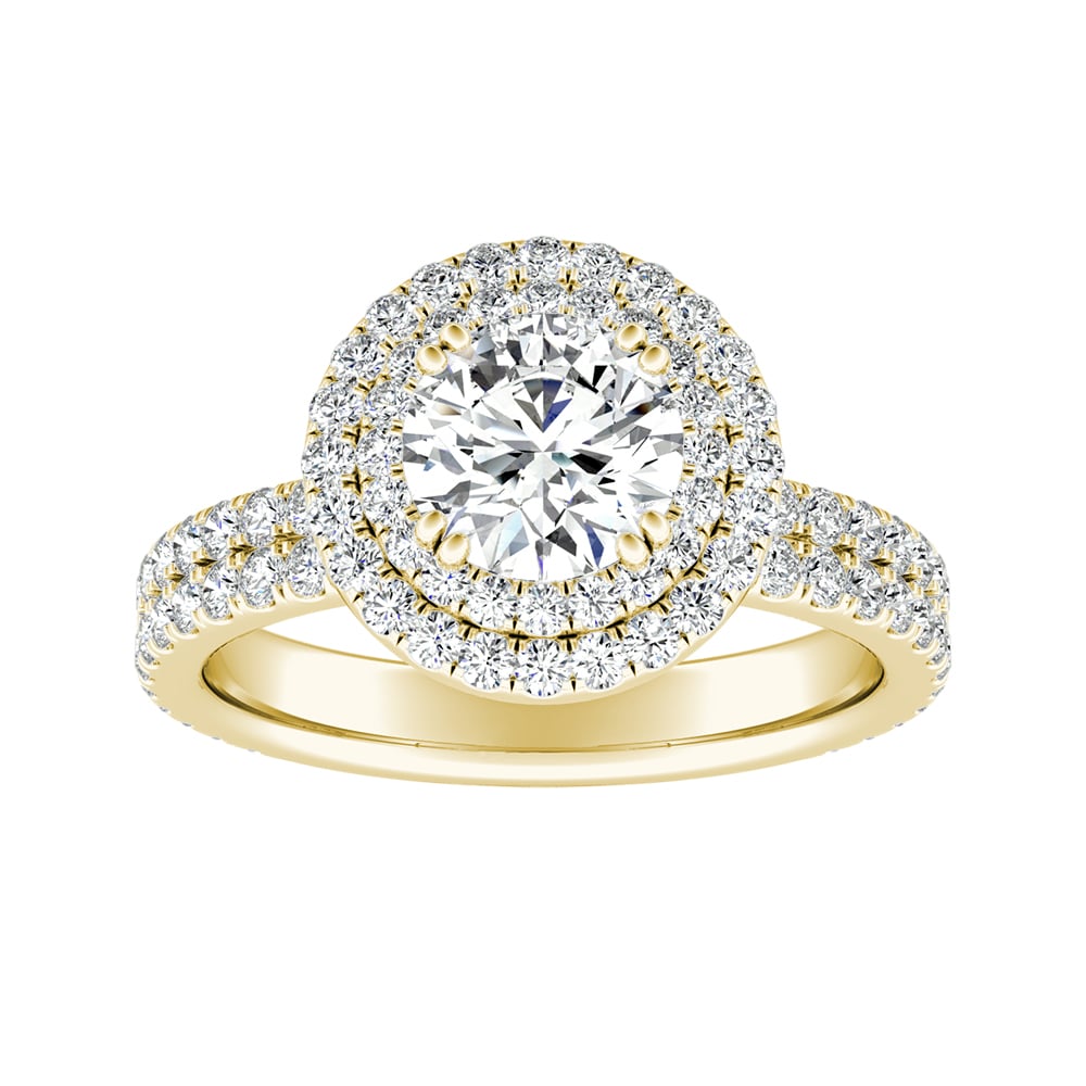 Round Diamond Double Halo Engagement Ring With Two Rows Of Pave Diamonds