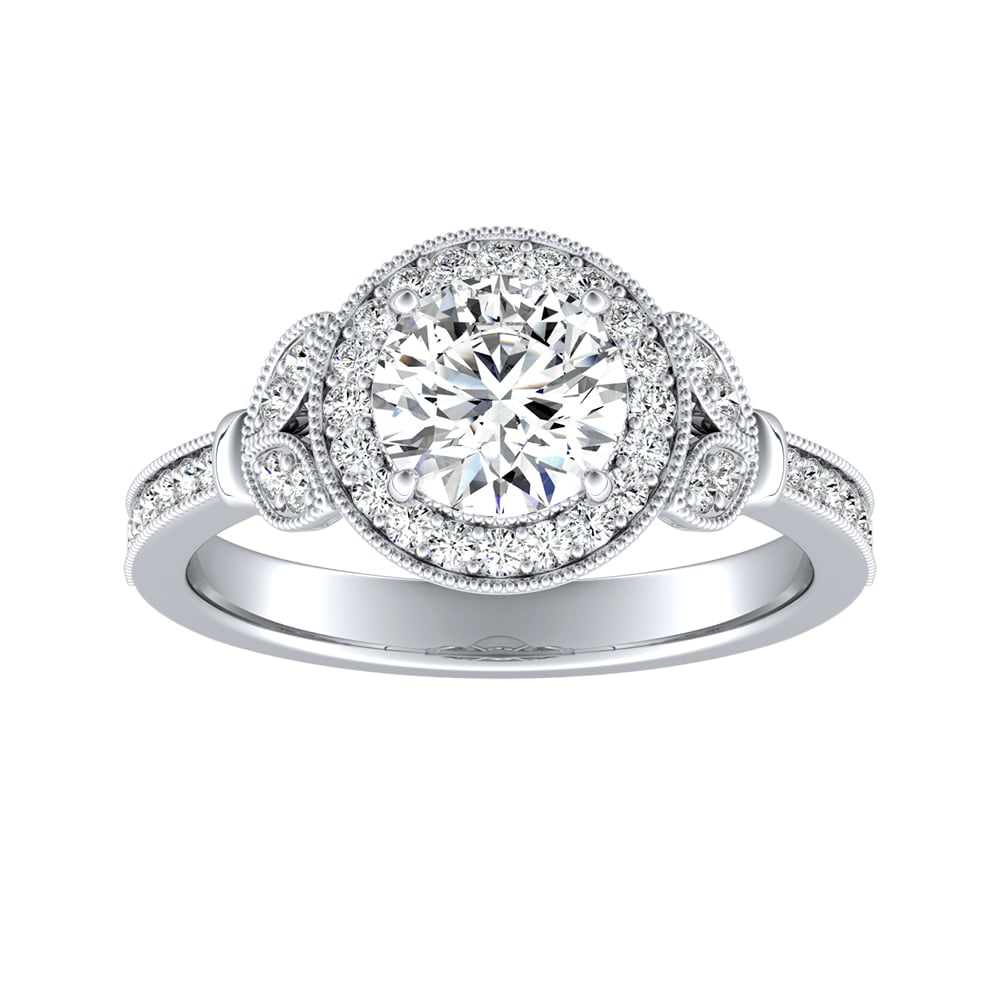 Round Diamond Bezel Halo Vintage Floral Inspired Engagement Ring
