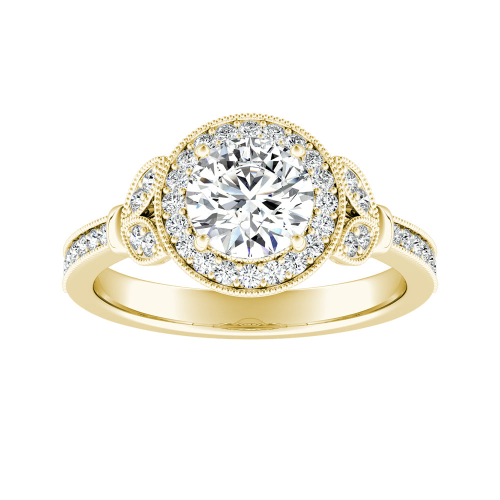 Round Diamond Bezel Halo Vintage Floral Inspired Engagement Ring